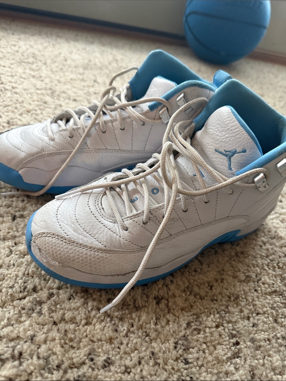 Jordan 12 Retro White and Light Blue Sneakers 6.5 Y